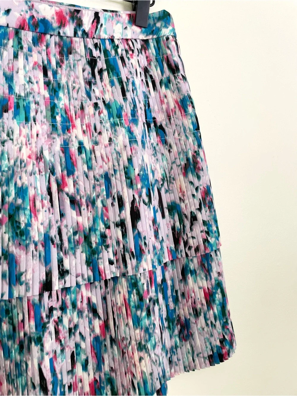 J. Crew Tiered Watercolor Pleated Mini Skirt - Pink, Teal & Black